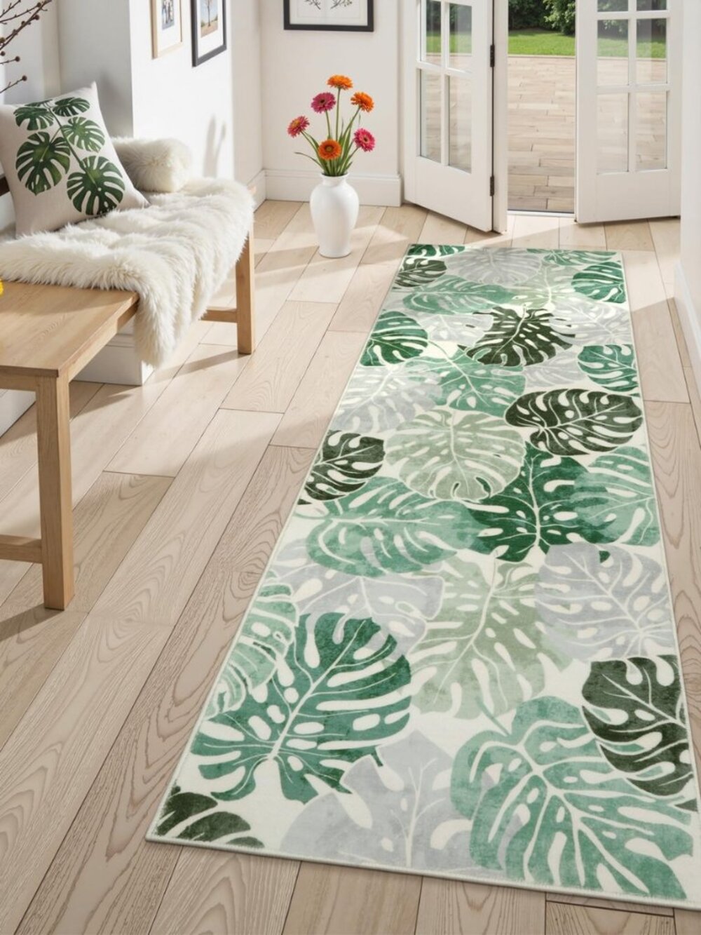 Leaf Washable 2x6 Rug Runner, Tropical Green Bathroom Rugs Runner Kitchen